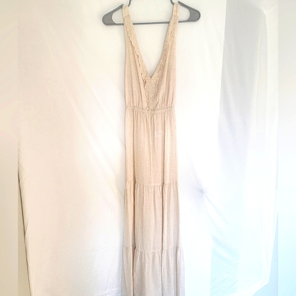 Cream, linen plunging v neckline maxi dress, size large